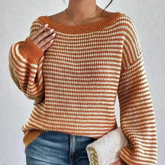Orange Casual Women's Contrast Striped Print Off-Shoulder Long Sleeve Sweater - Picture 5 of 7
